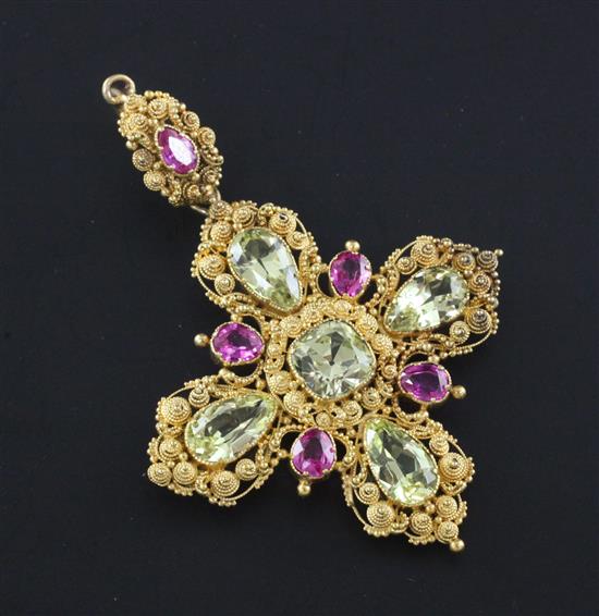 A late Victorian gold, ruby and green chrysoberyl set cross pendant, 2.5in.